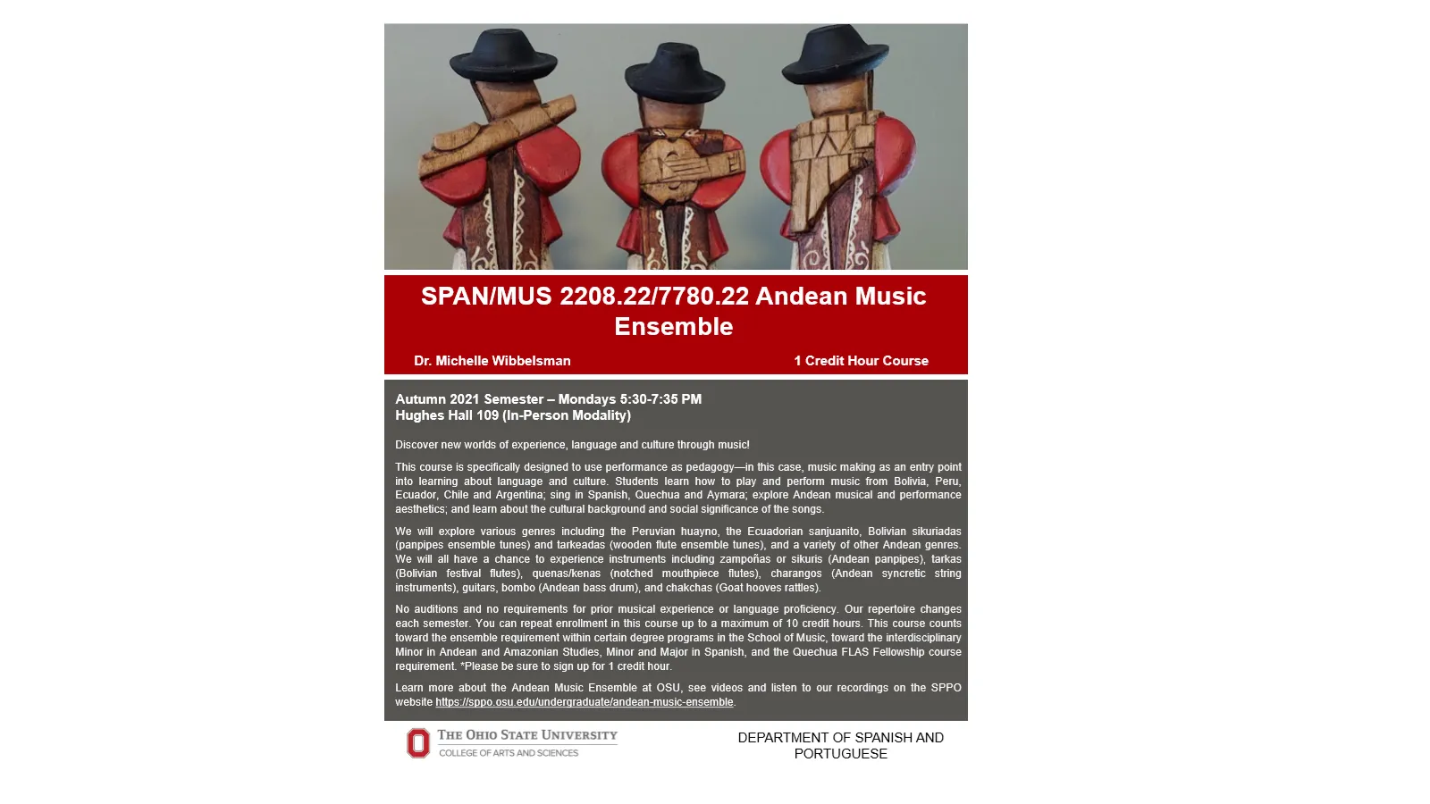 SPAN/MUS 2208.22/7780.22: Andean Music Ensemble