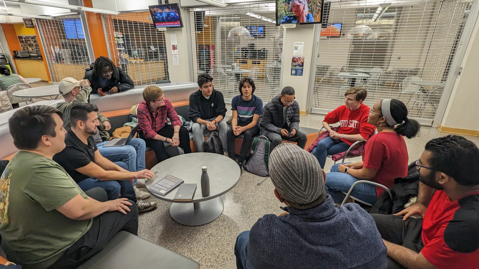 students meeting in Hagerty hall