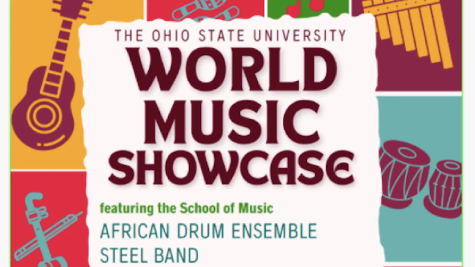World Music Showcase colorful flyer with instruments around boarder