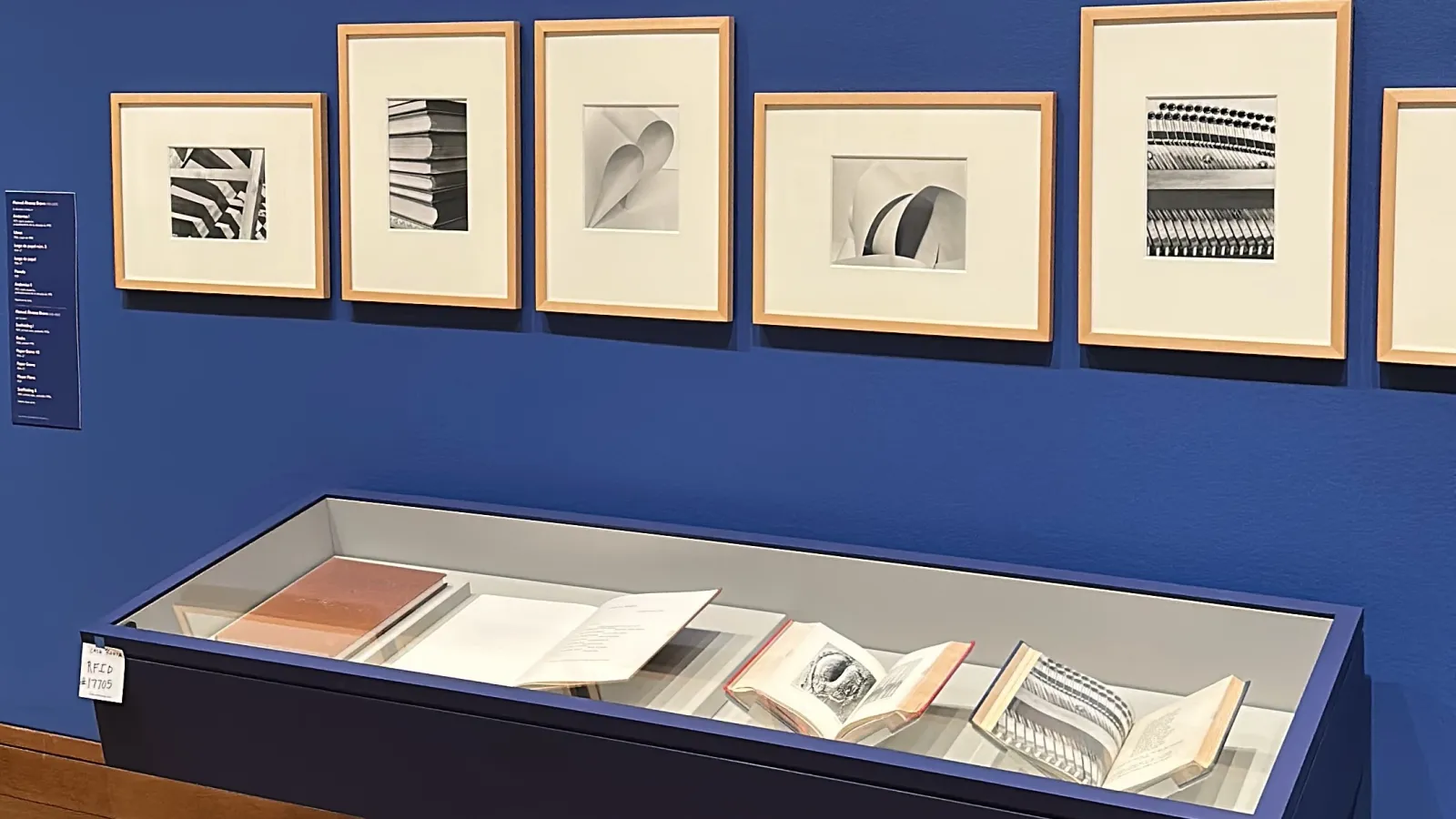 Photo frames hanging on blue wall with table of books underneath