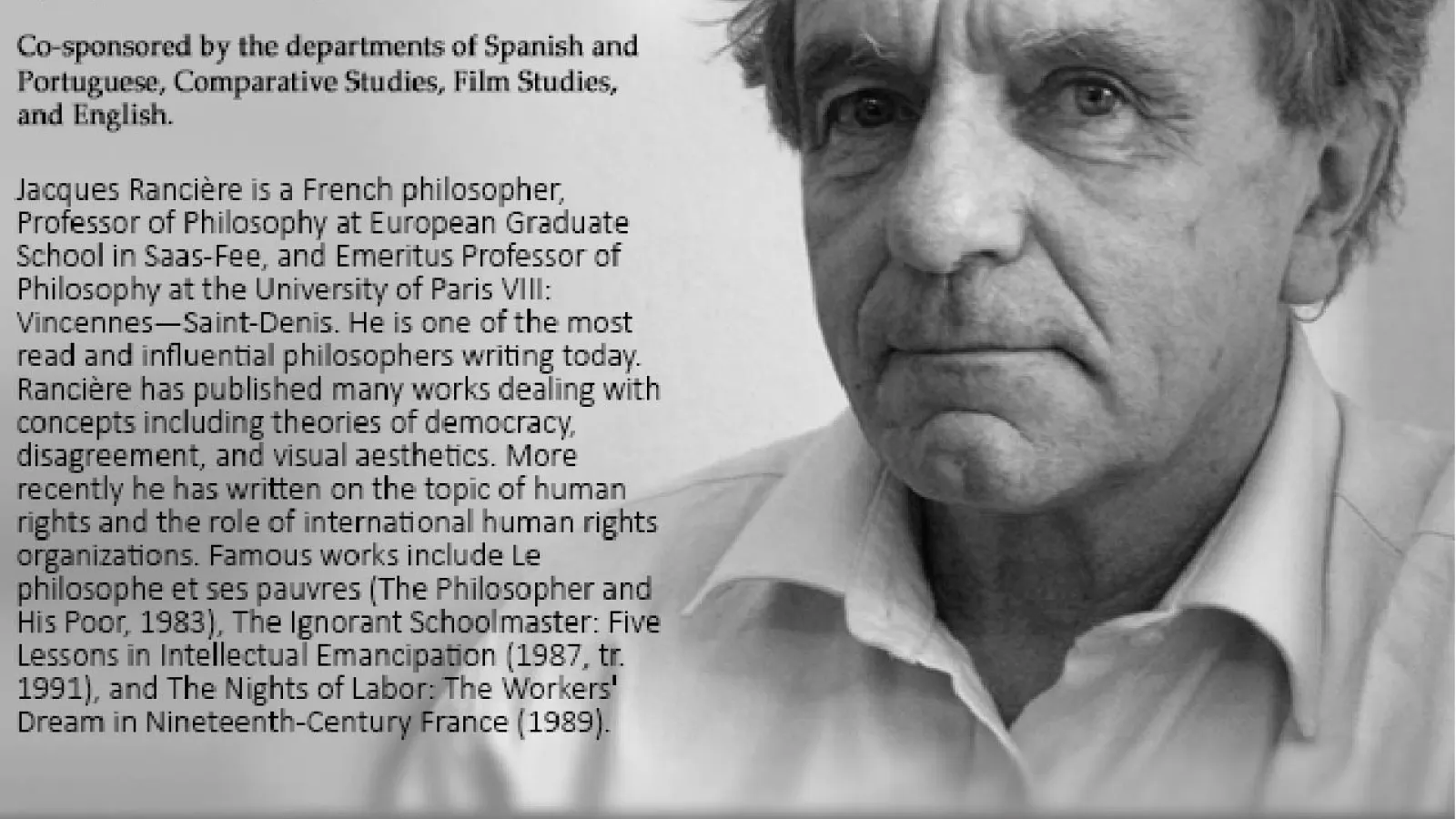 Poster for Rancière Symposium. Includes black and white photo of Jacques Rancière, program information.