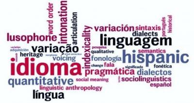 Word cloud in English, Spanish, and Portuguese of words related to language and linguistics