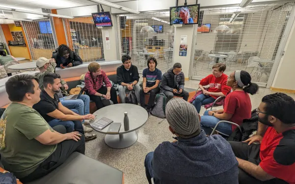 students meeting in Hagerty hall