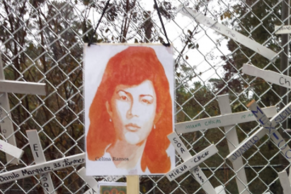 Border Issues and Activism in Ohio flyer image - memorial for loved ones along fence