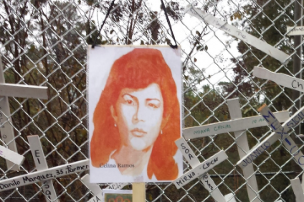 Border Issues and Activism in Ohio flyer image - memorial for loved ones along fence 