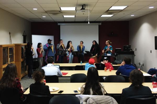 Performers in the Andean Music Ensemble, with instruments