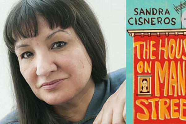 Sandra Cisneros and the cover of her book, The House on Mango Street