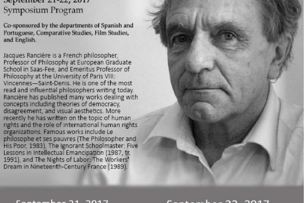 Poster for Rancière Symposium. Includes black and white photo of Jacques Rancière, program information.